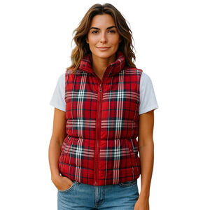 Lands' End Puffer Vest Womens M 10-12 Red Tartan Plaid Full Zip Winter Outdoor